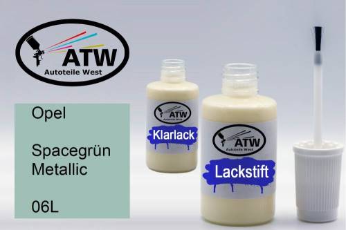 Opel, Spacegrün Metallic, 06L: 20ml Lackstift + 20ml Klarlack - Set, von ATW Autoteile West.